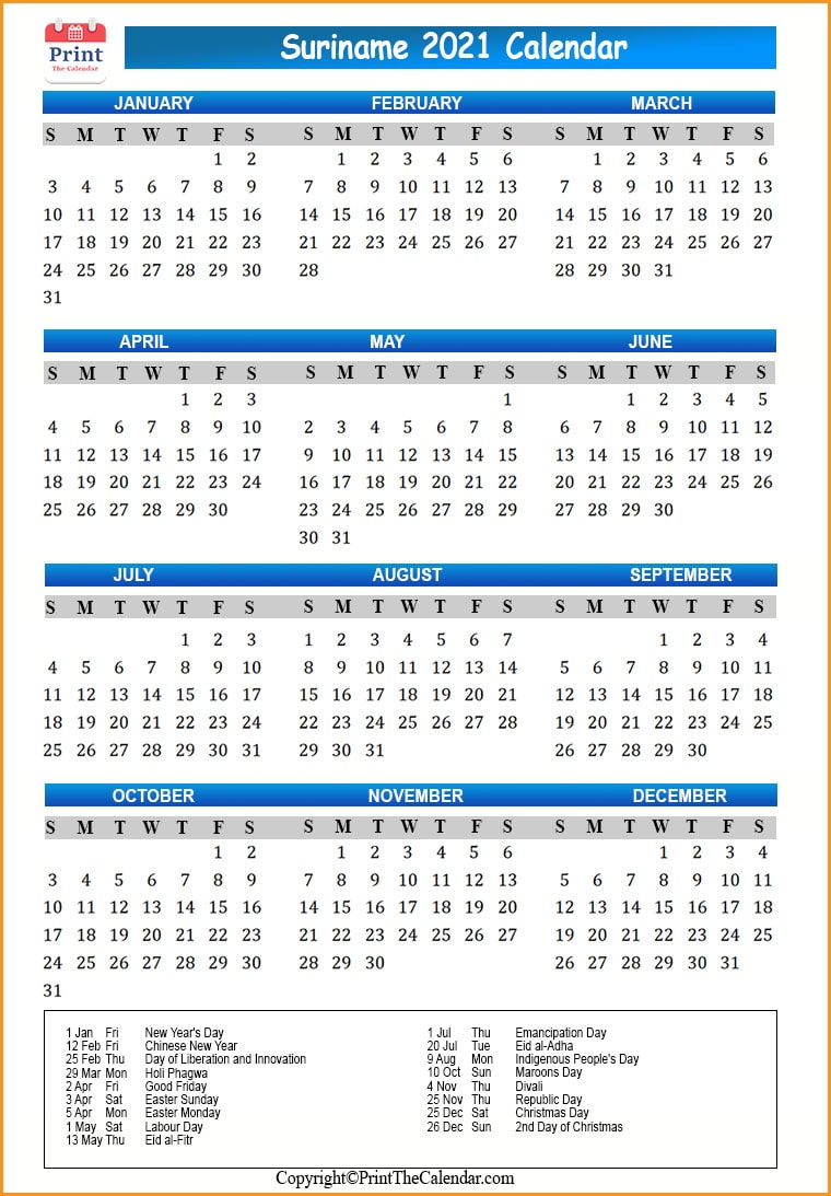 Suriname Calendar 2021
